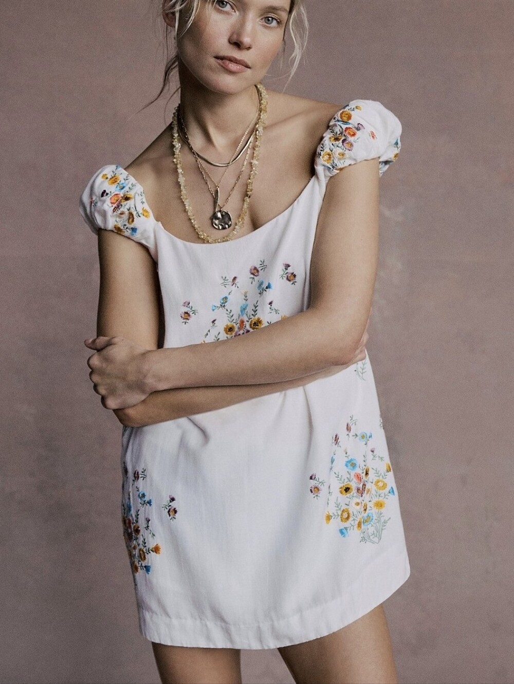 Free People White Puff-Sleeve Mini Dress with Yellow & Blue Floral Embroidery
